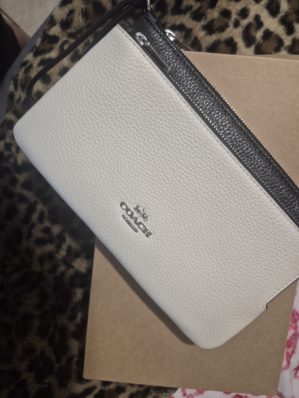 Coach Pebbled Leather Wristlet in White with Black Trim